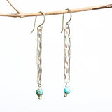 Sterling silver bar earrings with hammer textured and turquoise beads on silver hooks style - Metal Studio Jewelry