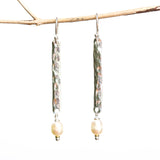 Sterling silver bar earrings with hammer textured and white freshwater pearls beads on silver hooks style - Metal Studio Jewelry