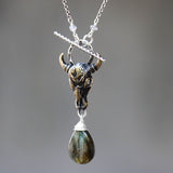 Brass Buffalo shape pendant necklace and labradorite gemstone with labradorite beads and silver ring secondary on sterling silver chain - Metal Studio Jewelry