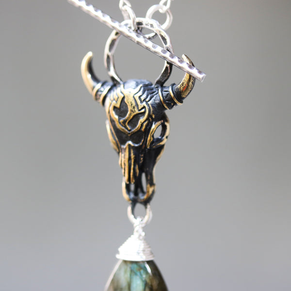 Brass Buffalo shape pendant necklace and labradorite gemstone with labradorite beads and silver ring secondary on sterling silver chain - Metal Studio Jewelry