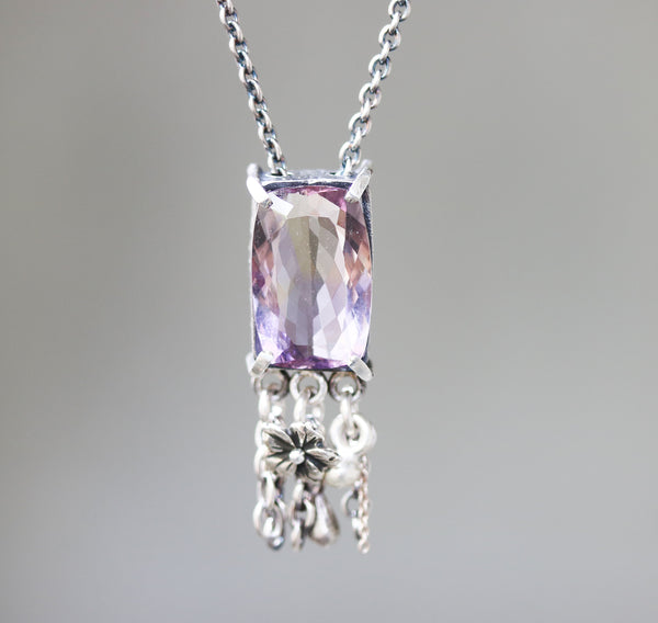 Radiant Ametrine necklace in silver bezel and prongs setting with silver beads chain and flower decoration on oxidized sterling silver chain - Metal Studio Jewelry