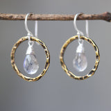 Labradorite earrings and oxidized brass circle shape in hammer textured on sterling silver hook style - Metal Studio Jewelry