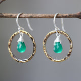 Green onyx earrings and oxidized brass circle shape in hammer textured on sterling silver hook style - Metal Studio Jewelry