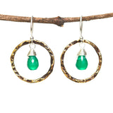 Green onyx earrings and oxidized brass circle shape in hammer textured on sterling silver hook style - Metal Studio Jewelry