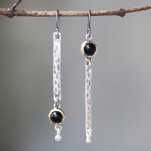 Round cabochon black onyx earrings in brass bezel setting with silver bar hammer textured on sterling silver hooks style - Metal Studio Jewelry