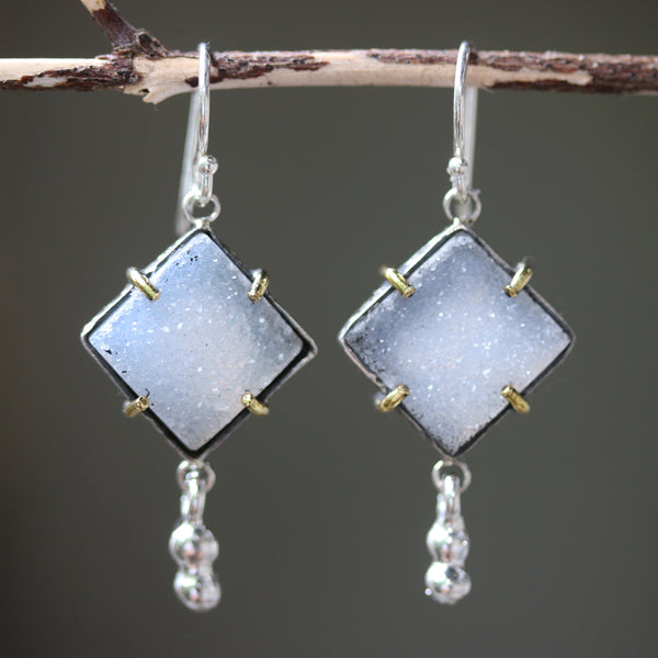 Square gray Druzy earrings in silver bezel setting with brass accent prongs and peanut silver on sterling silver hooks - Metal Studio Jewelry