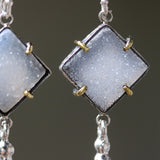 Square gray Druzy earrings in silver bezel setting with brass accent prongs and peanut silver on sterling silver hooks - Metal Studio Jewelry