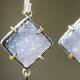Square gray Druzy earrings in silver bezel setting with brass accent prongs and brass teardrop on sterling silver hooks - Metal Studio Jewelry