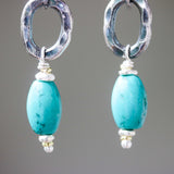 Earrings,Turquoise with silver oval shape with hammer textures on sterling silver hooks style - Metal Studio Jewelry