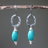 Earrings,Turquoise with silver oval shape with hammer textures on sterling silver hooks style - Metal Studio Jewelry