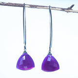 Triangular purple chalcedony earrings with silver wire wrapped on sterling silver marquise ear wires - Metal Studio Jewelry