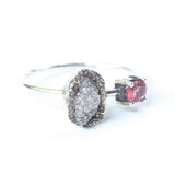 Rough diamond ring in silver bezel setting and oval faceted pink tourmaline on the side with sterling silver high polished band - Metal Studio Jewelry