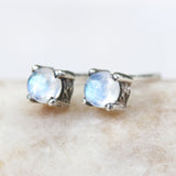 Sterling silver stud earrings with cabochon moonstone in prongs setting with sterling silver post and backing - Metal Studio Jewelry