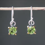 Earrings round faceted peridot in silver bezel and brass prongs setting with sterling silver hooks style - Metal Studio Jewelry