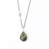 Teardrop faceted labradorite gemstone pendant necklace in silver bezel setting and labradorite beads on the side with silver chain - Metal Studio Jewelry