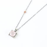 Square faceted Rose quartz gemstone pendant necklace in silver bezel and prongs setting and multi-pink sapphire on the side on chain - Metal Studio Jewelry