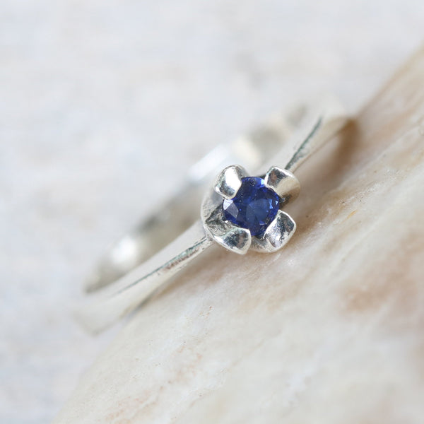 Dainty,Round faceted blue sapphire ring in silver prongs setting with sterling silver high polished band - Metal Studio Jewelry
