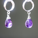 Teardrop faceted Amethyst earrings with 2 ring design sterling silver on silver hooks style - Metal Studio Jewelry