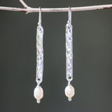 Sterling silver bar earrings with hammer textured and white freshwater pearls beads on silver hooks style - Metal Studio Jewelry