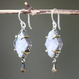 Square gray Druzy earrings in silver bezel setting with brass accent prongs and brass teardrop on sterling silver hooks - Metal Studio Jewelry