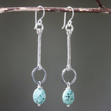Earrings,Oval blue turquoise with silver stick and silver circle ring on sterling silver hooks style - Metal Studio Jewelry