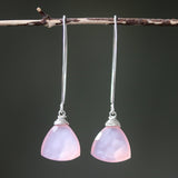 Triangular pink chalcedony earrings with silver wire wrapped on sterling silver marquise ear wires - Metal Studio Jewelry