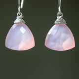 Triangular pink chalcedony earrings with silver wire wrapped on sterling silver marquise ear wires - Metal Studio Jewelry