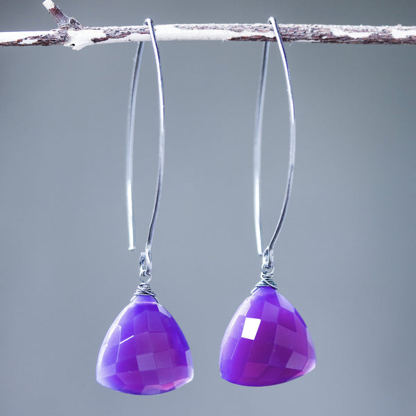 Triangular purple chalcedony earrings with silver wire wrapped on sterling silver marquise ear wires - Metal Studio Jewelry
