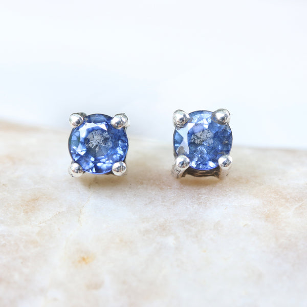 Sterling silver stud earrings with faceted blue sapphire in prongs setting with sterling silver post and backing - Metal Studio Jewelry