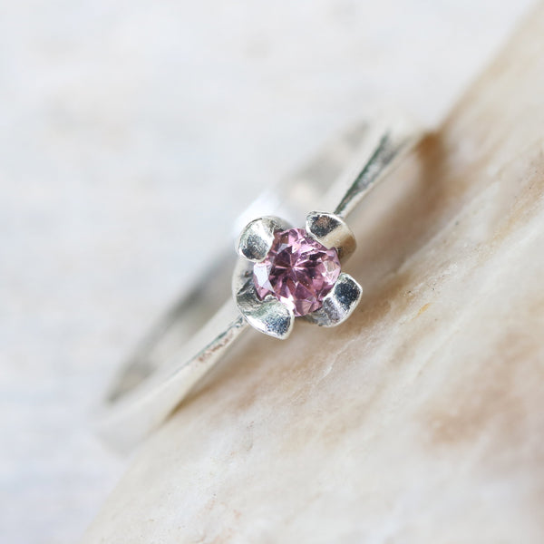 Dainty,Round faceted pink tourmaline ring in silver prongs setting with sterling silver high polished band - Metal Studio Jewelry