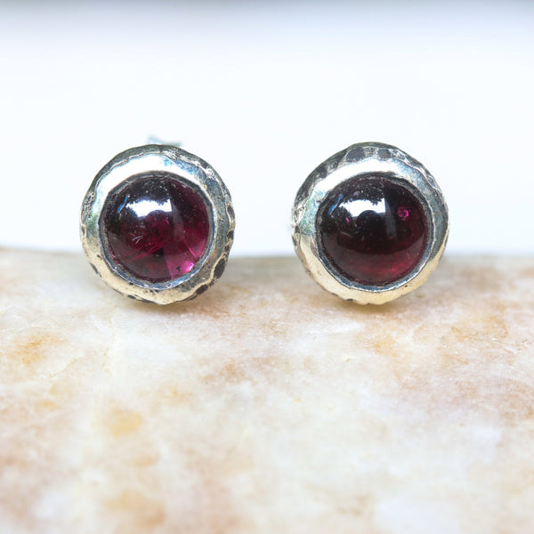 Round cabochon garnet earrings in silver bezel setting with sterling silver post and backing - Metal Studio Jewelry