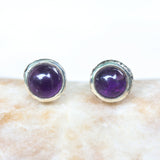 Round cabochon Amethyst earrings in silver bezel setting with sterling silver post and backing - Metal Studio Jewelry