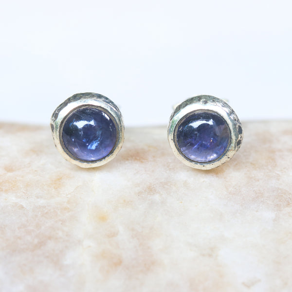Round cabochon Iolite earrings in silver bezel setting with sterling silver post and backing - Metal Studio Jewelry