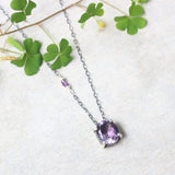 Oval Amethyst pendant necklace in silver bezel and prongs setting with amethyst beads secondary on oxidized sterling silver chain - Metal Studio Jewelry