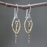Brass Marquis shape earrings with silver circle and brass sticks on oxidized sterling silver hooks - Metal Studio Jewelry