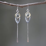 Marquis silver hammered texture earrings with brass circle and silver sticks on oxidized sterling silver hooks - Metal Studio Jewelry