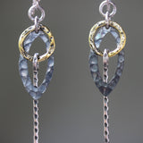 Marquis silver hammered texture earrings with brass circle and silver sticks on oxidized sterling silver hooks - Metal Studio Jewelry