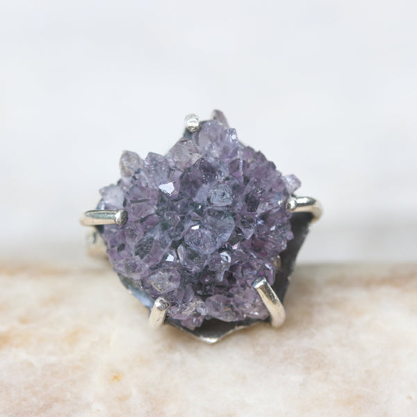 Purple druzy statement ring in silver prongs setting with sterling silver square design high polish finished band - Metal Studio Jewelry