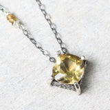 Cushion Citrine pendant necklace in silver bezel and prongs setting with yellow multi-sapphire beads secondary on oxidized silver chain - Metal Studio Jewelry
