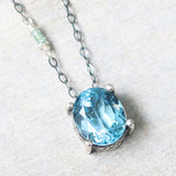 Oval Blue topaz pendant necklace in silver bezel and prongs setting with aquamarine beads secondary on oxidized sterling silver chain - Metal Studio Jewelry