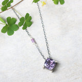 Cushion Amethyst pendant necklace in silver bezel and prongs setting with amethyst beads secondary on oxidized sterling silver chain - Metal Studio Jewelry