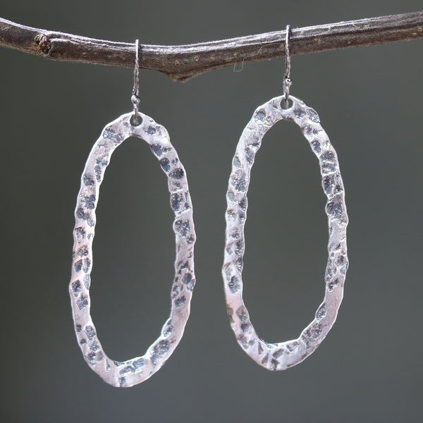 Silver oxidized hammer textured marquis hoop earrings with sterling silver hooks - Metal Studio Jewelry