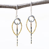 Brass Marquis shape earrings with silver circle and brass sticks on oxidized sterling silver hooks - Metal Studio Jewelry