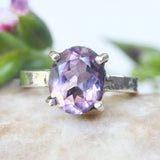 Oval faceted amethyst ring in silver bezel and prongs setting with sterling silver hammer texture design band - Metal Studio Jewelry