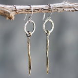 Sterling silver hammer texture circle shape earrings with brass sticks on oxidized sterling silver hooks - Metal Studio Jewelry