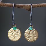 Hammered brass and sterling silver dangle earrings with green onyx bead - Metal Studio Jewelry