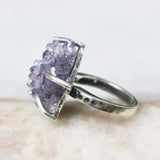 Purple druzy statement ring in silver prongs setting with sterling silver square design high polish finished band - Metal Studio Jewelry