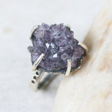 Purple druzy statement ring in silver prongs setting with sterling silver square design high polish finished band - Metal Studio Jewelry