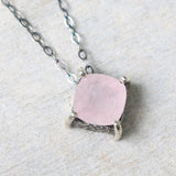 Cushion rose quartz necklace in silver bezel and prongs setting with pink multi-sapphire beads secondary on oxidized silver - Metal Studio Jewelry