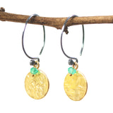 Hammered brass and sterling silver dangle earrings with green onyx bead - Metal Studio Jewelry
